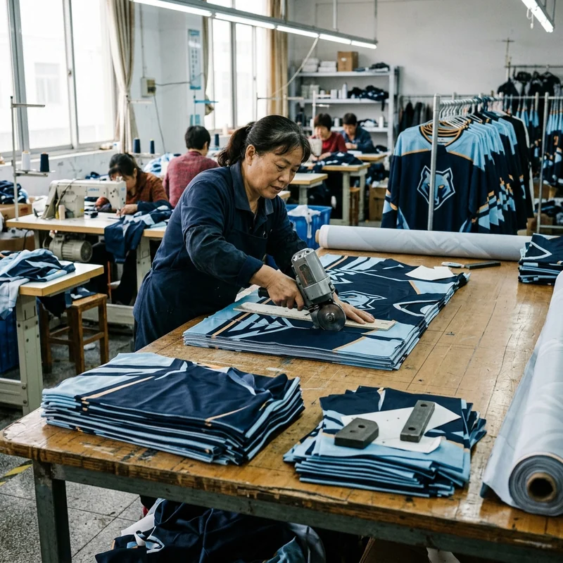 Cutting table with stacked printed jersey panels