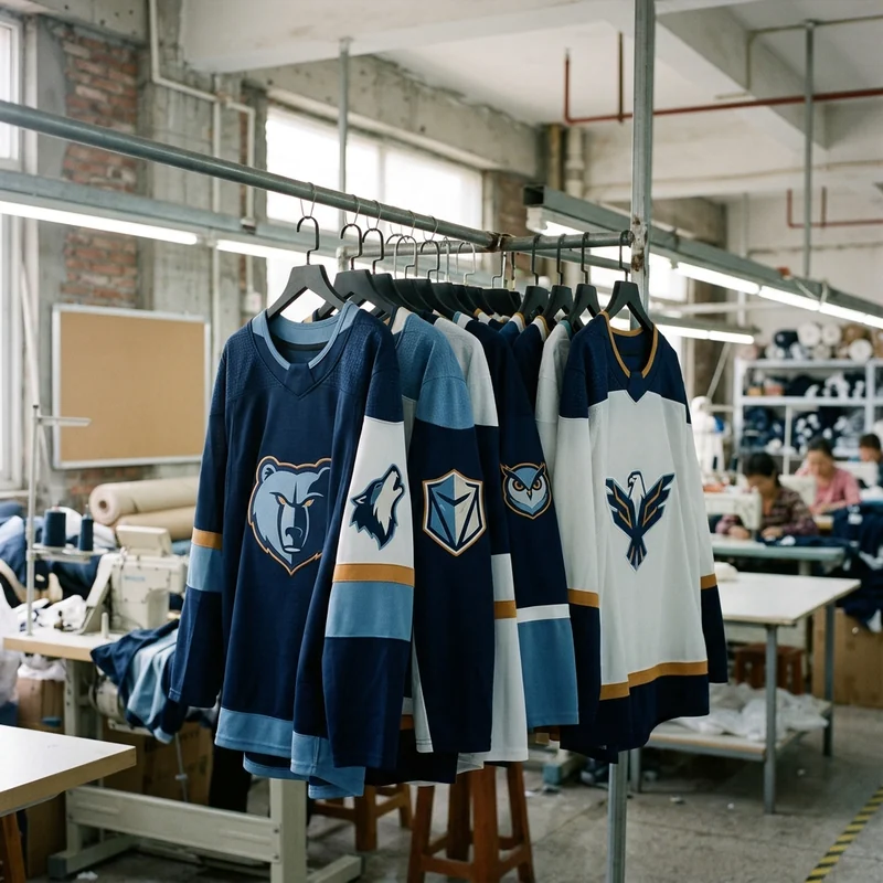 Finished custom hockey jerseys hanging on a rail, sorted by number