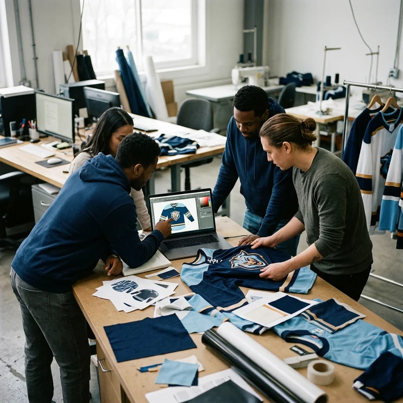 Office and design team preparing jersey artwork files at their desks