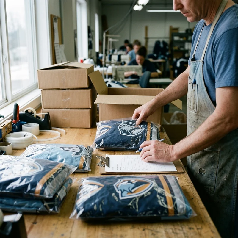 Packing bench with bagged jerseys being counted into cartons