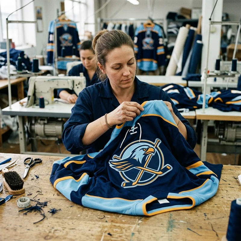 Quality inspection of finished jerseys at the QC bench