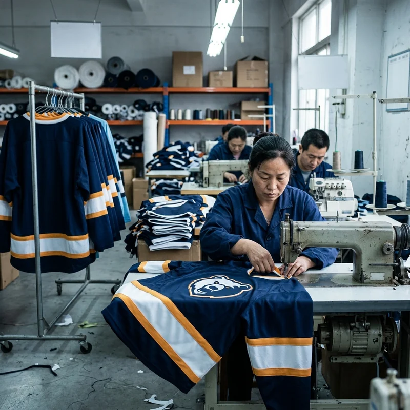 Sewing line assembling hockey jerseys