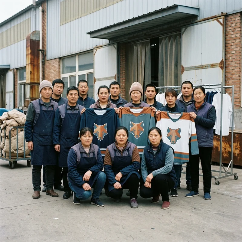 Team photo of factory staff outside the production building