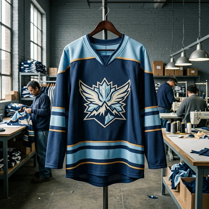 Game hockey jersey in a fictional club design, front view on a hanger