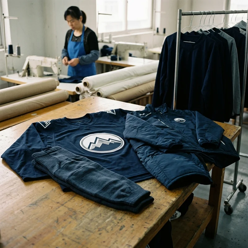 Complete hockey team kit laid out: jerseys, socks, pant shell and warm-up jacket