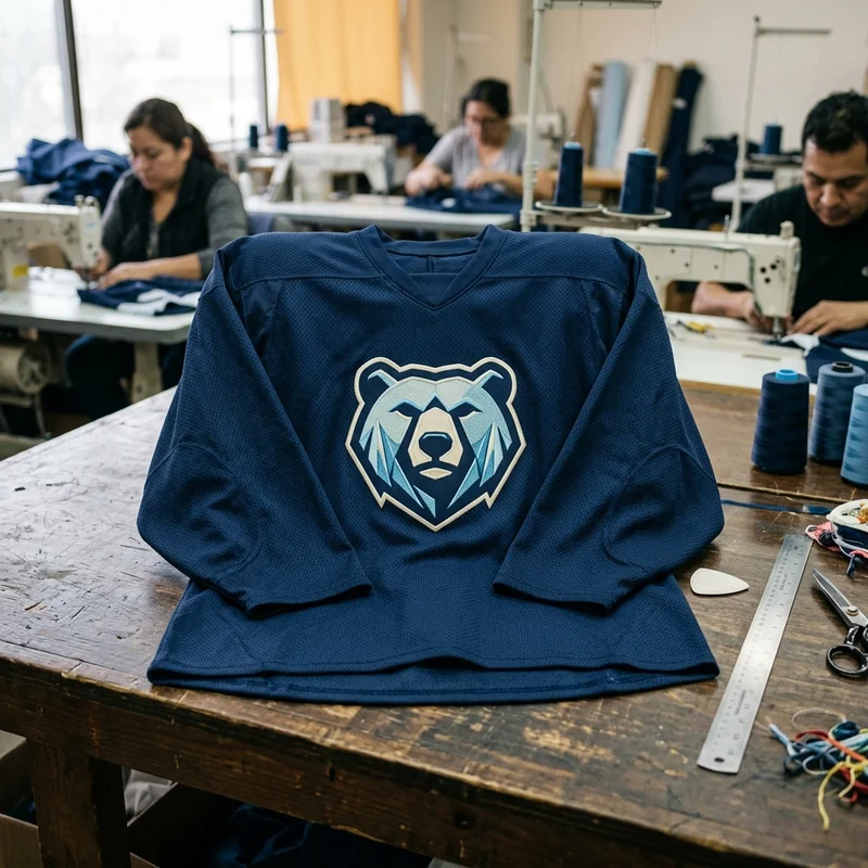 Single-color practice hockey jersey folded on the finishing table