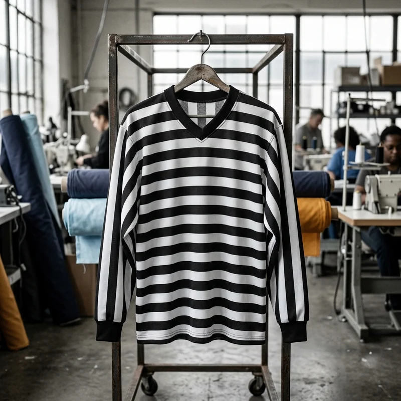 Black and white striped referee hockey jersey on a hanger