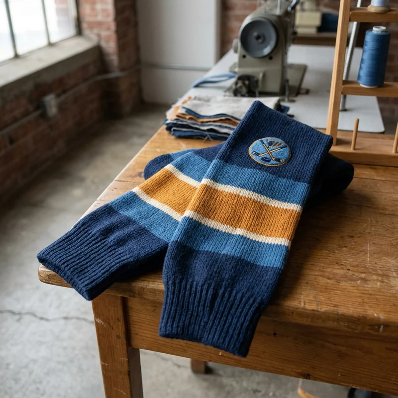 Pair of hockey socks in the jersey colorway with striped cuffs