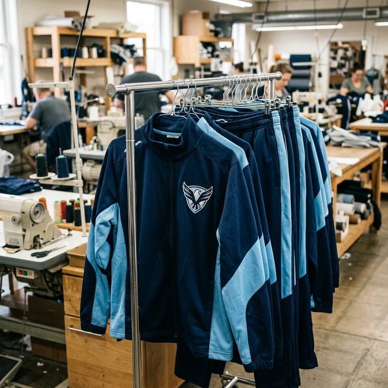 Team warm-up jacket and pants in club colors on a rail
