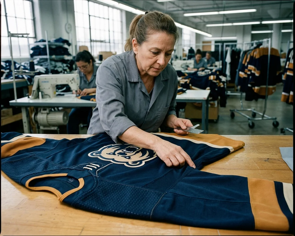 Inspector checking the print placement and seams of a finished hockey jersey at the QC station