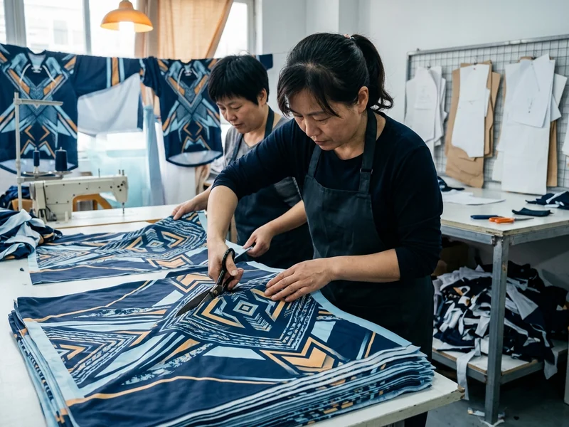 Cutting: printed hockey jersey panels cut to the graded pattern