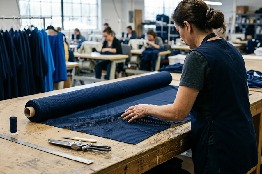 Fabric and material inspection: a roll of jersey mesh checked on the inspection table for shade and defects before cutting