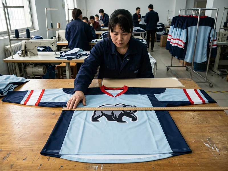 Measurement inspection: a finished hockey jersey measured against the size chart on the QC table