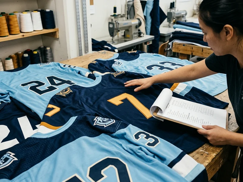 Name and number checking: decorated jersey backs laid out and checked against the printed roster