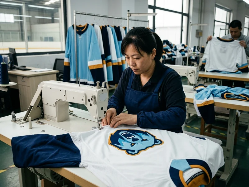 Sewing: a hockey jersey body assembled on the sewing line