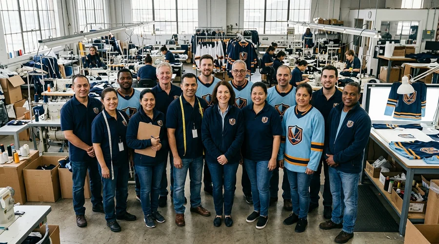 Group photo of the factory's coordination, development, production and quality staff in front of the sewing floor