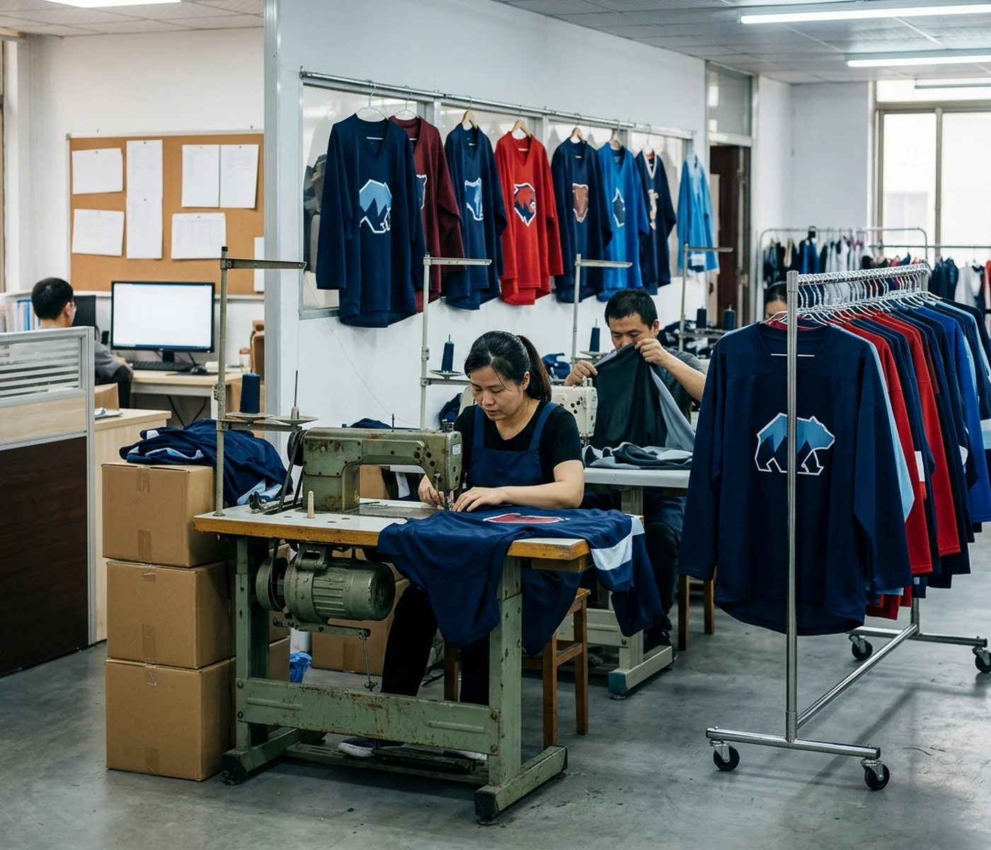 Entrance of the hockey apparel factory with the office and sample room behind the reception