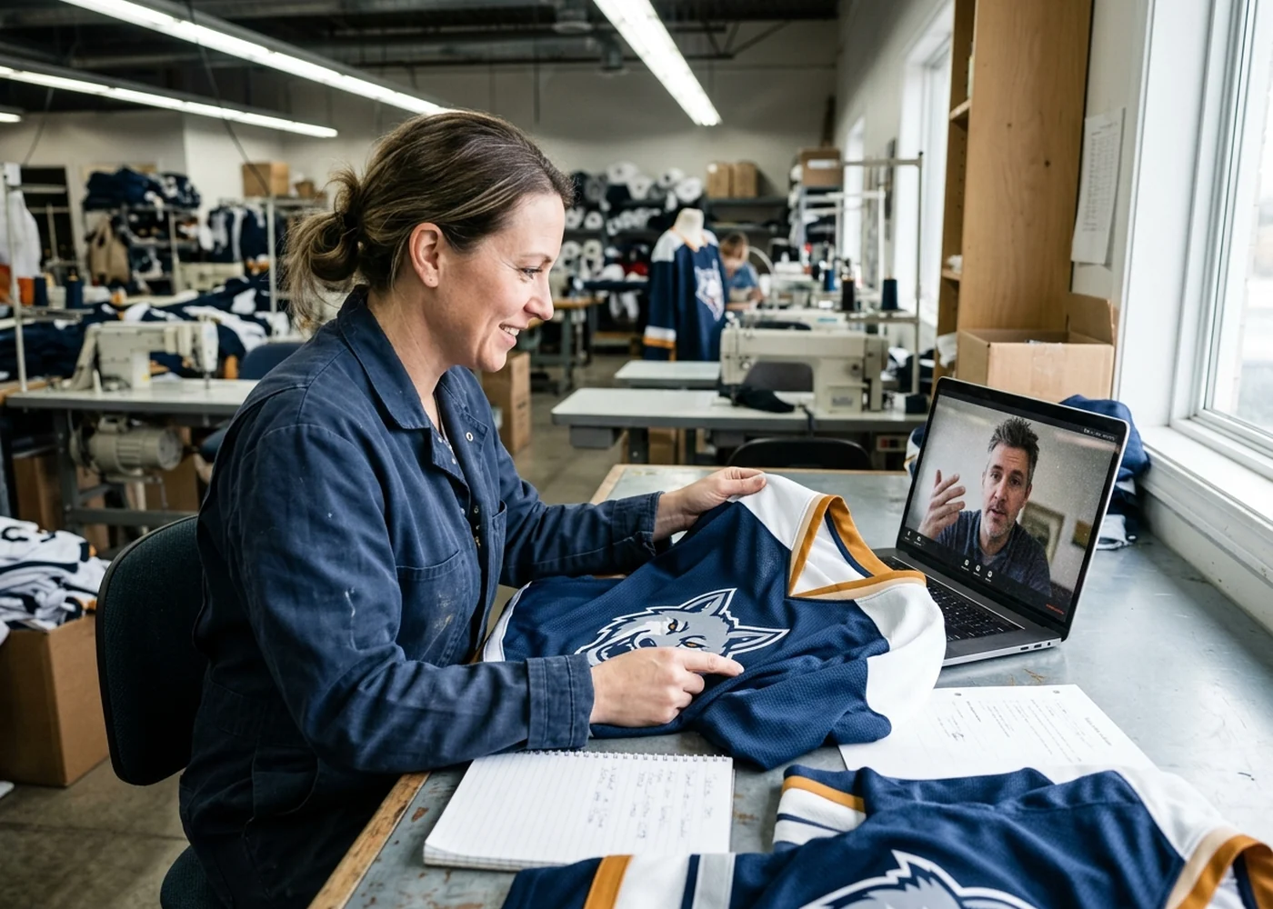 Project coordinator reviewing a repeat order file and jersey samples with a client on a video call