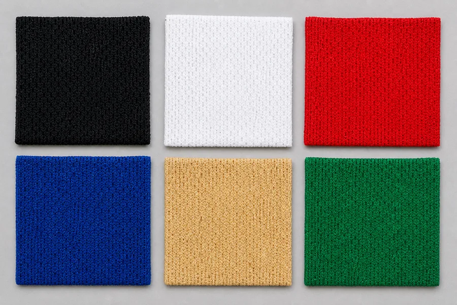 Six fabric color swatches arranged in a grid — black, white, red, royal blue, Vegas Gold, Kelly Green — each a solid color block with visible knit texture.