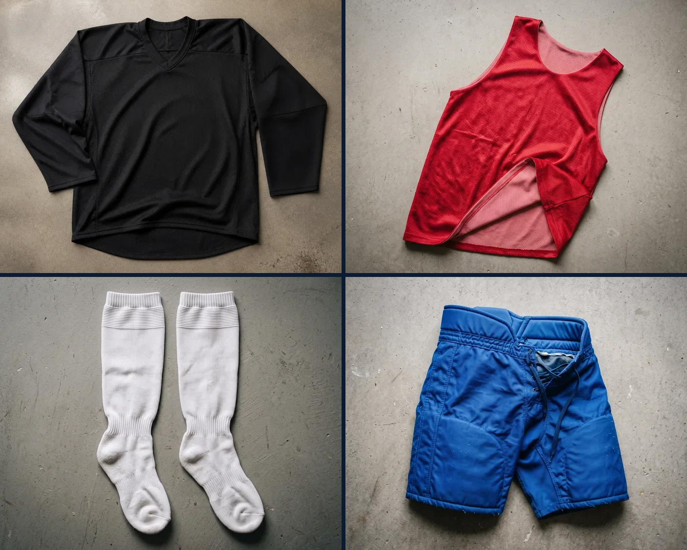 Four blank hockey garments laid flat in a two-by-two grid: a black player-cut hockey jersey, a red reversible practice jersey, white hockey socks, and a Royal Blue hockey pant shell, each complete and undecorated with no crest, name, or number.