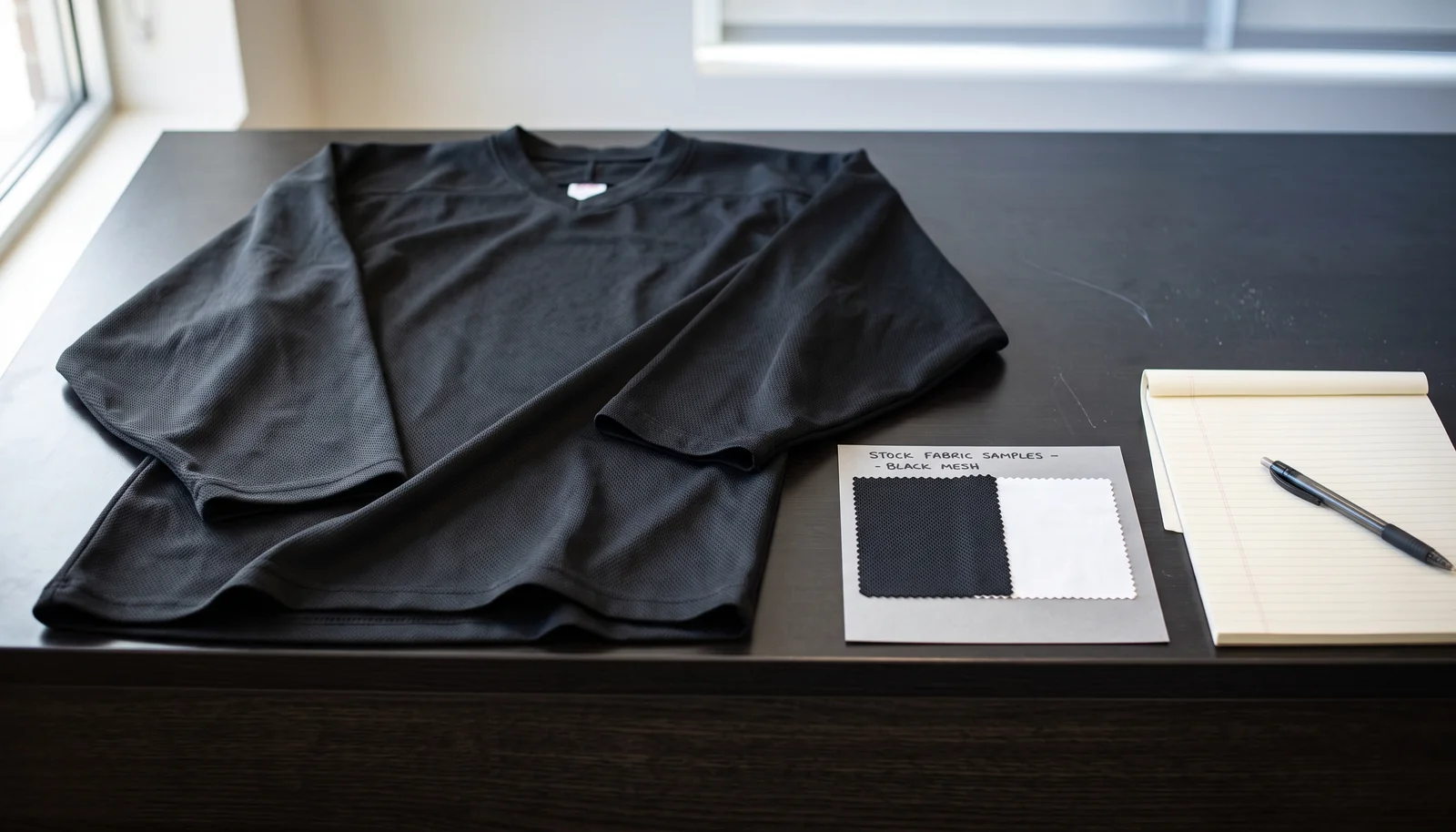 A blank hockey jersey and a plain fabric swatch card beside a clean inquiry workspace in a dark closing band.