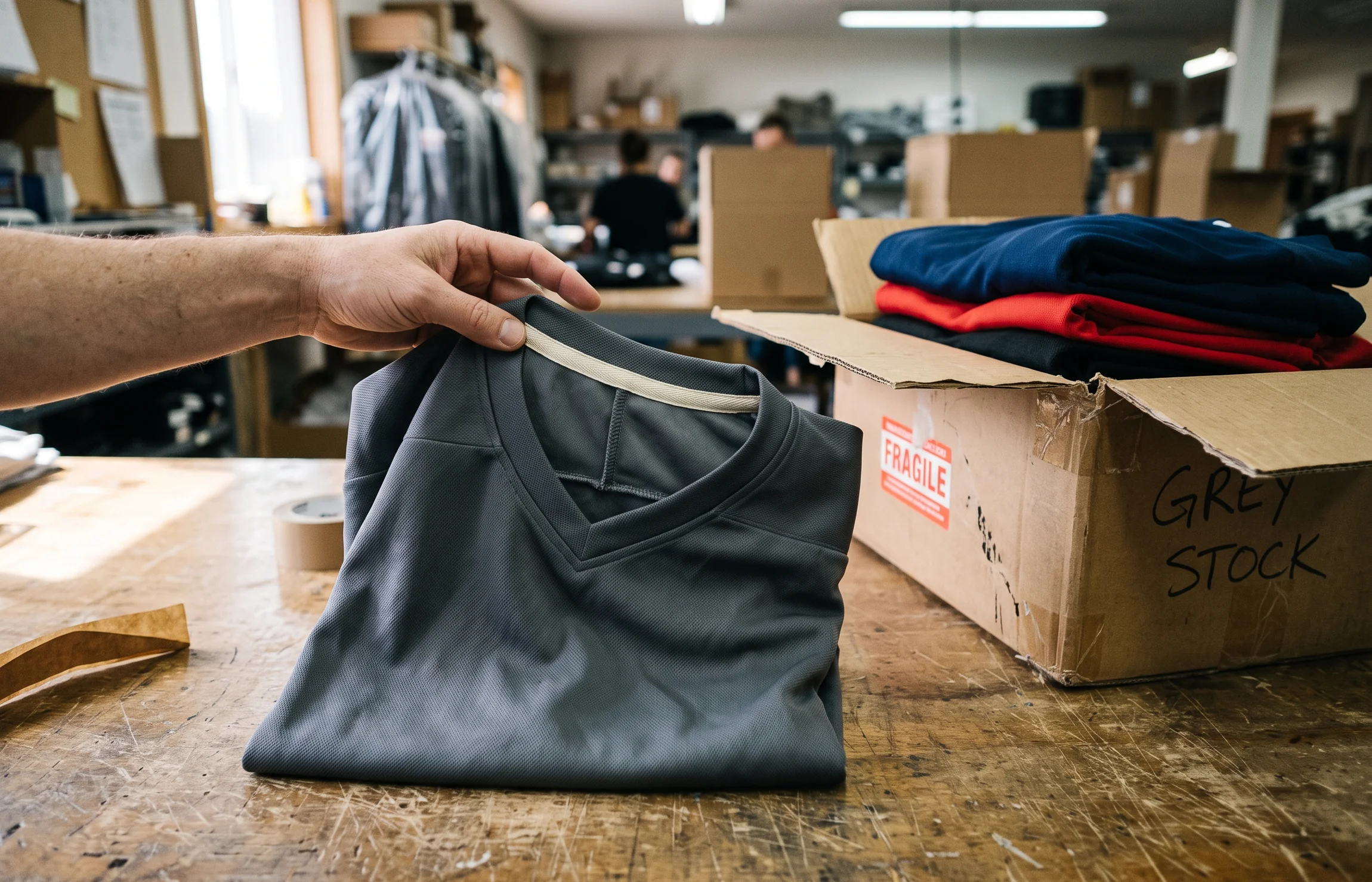 An unbranded hand folding a blank hockey jersey with a plain woven neck tape, beside an open carton showing garments sorted by color.