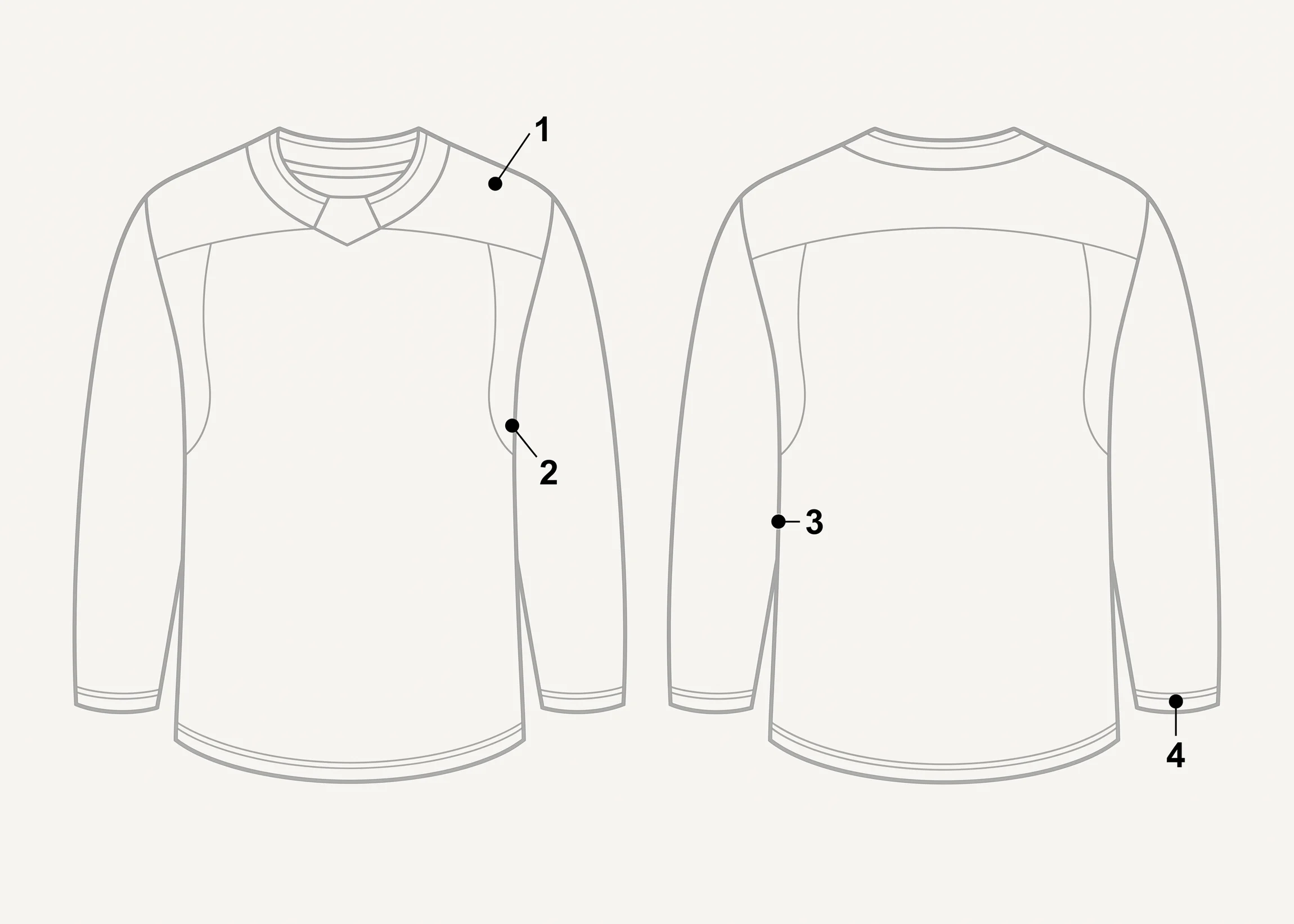 Line-art technical diagram of a blank hockey jersey torso, front and back view, with four numbered callout points marking panel and seam locations.