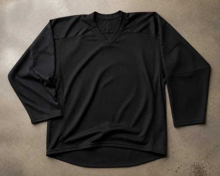 Blank black hockey jersey laid flat, no crest, numbers, or wordmark.