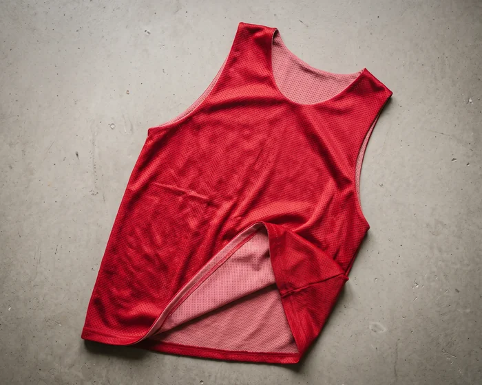 Blank red practice jersey laid flat, no crest, numbers, or wordmark.