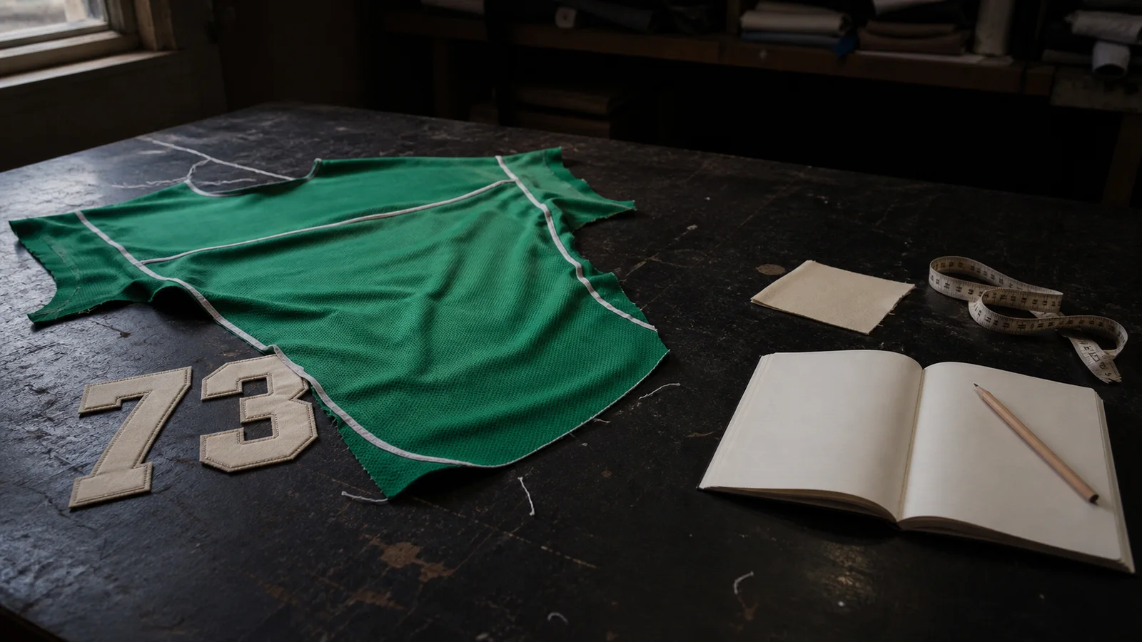 Kelly green custom hockey jersey panel and a tackle-twill number patch with an invented two-digit number, beside a clean inquiry workspace in a dark closing band.