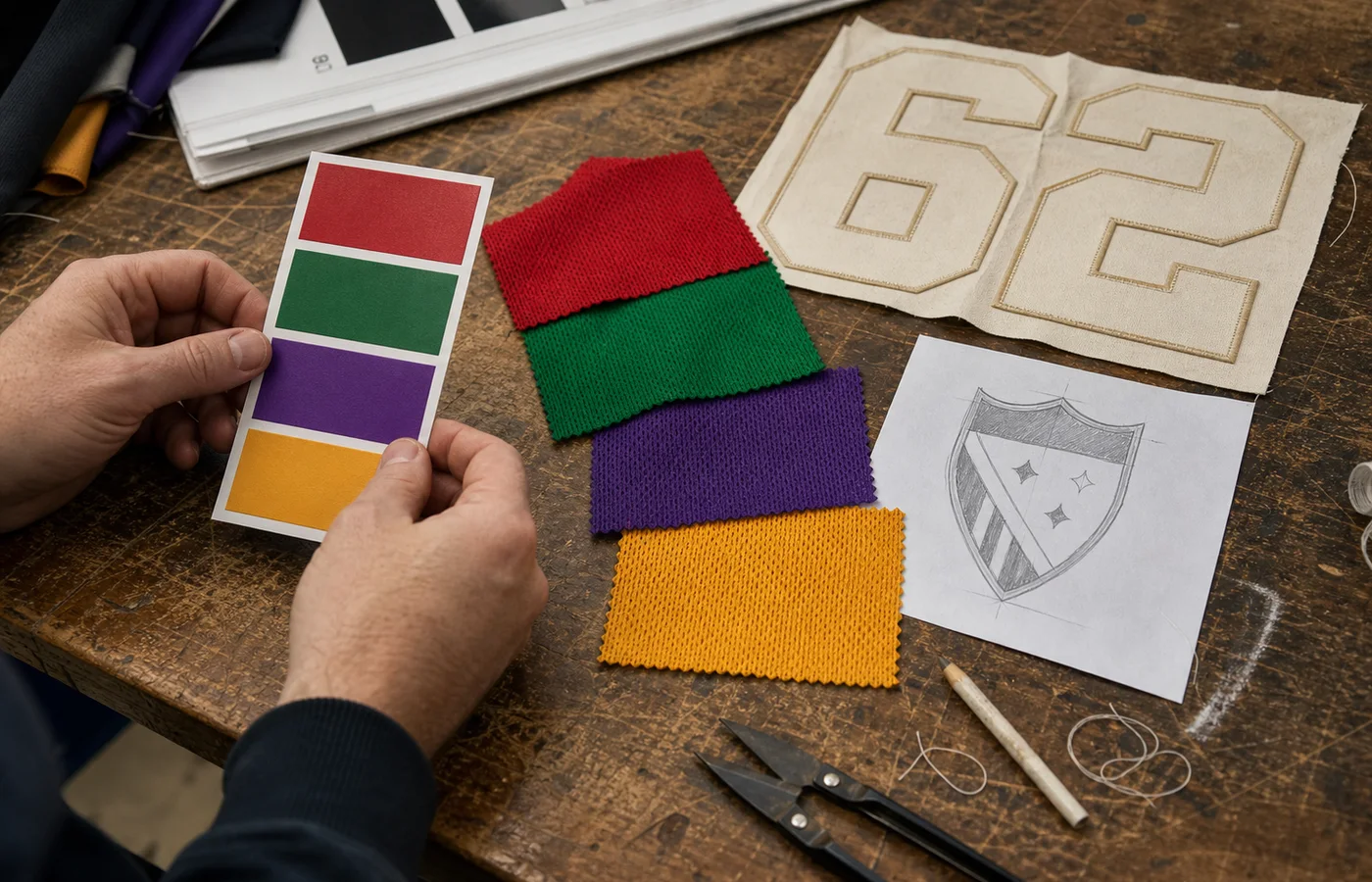 Color-matching card with red, kelly green, purple, and gold swatches, an invented two-digit number template, and a small fictional crest sketch beside jersey fabric swatches.