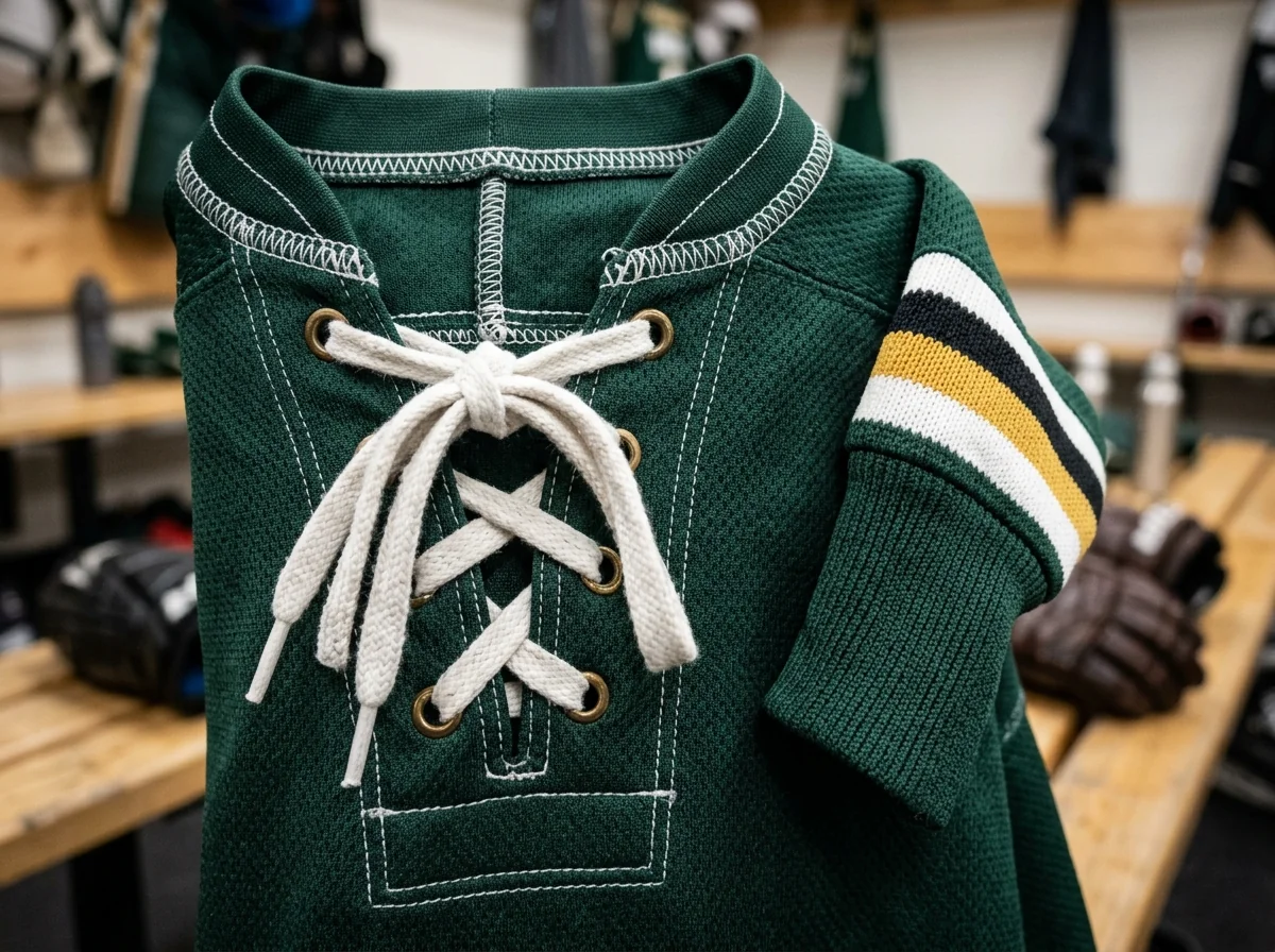 Close-up of a lace-up collar and striped ribbed sleeve cuff on a green custom hockey jersey.
