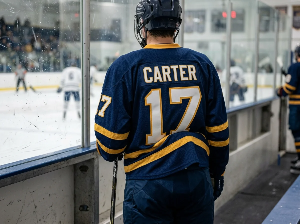 Back of a player's custom hockey jersey showing a stitched name bar and a large two-color number.
