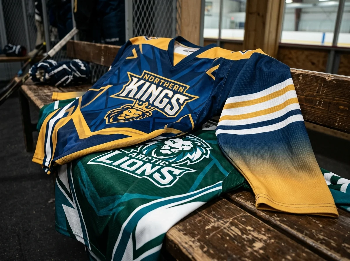 Two sublimated custom hockey jerseys on a locker room bench showing sleeve stripes, a gradient fade, and geometric panels.
