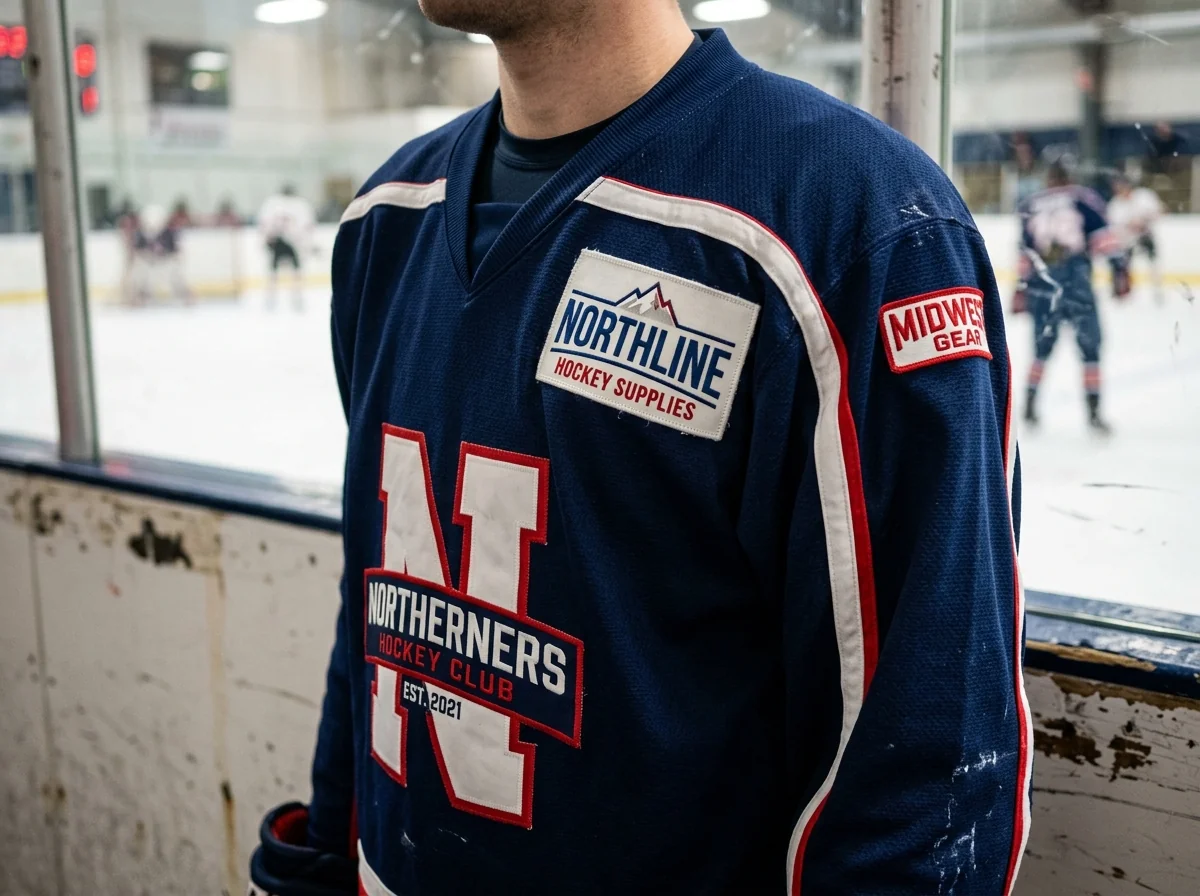 Close-up of a custom hockey jersey with a sponsor patch on the upper chest and a second sponsor patch on the sleeve.