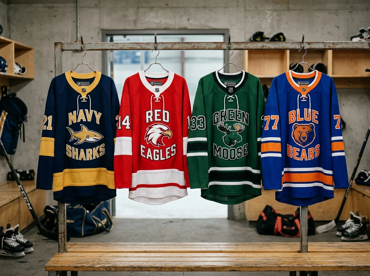 Four complete custom hockey jerseys in different team colorways hanging side by side in a locker room.