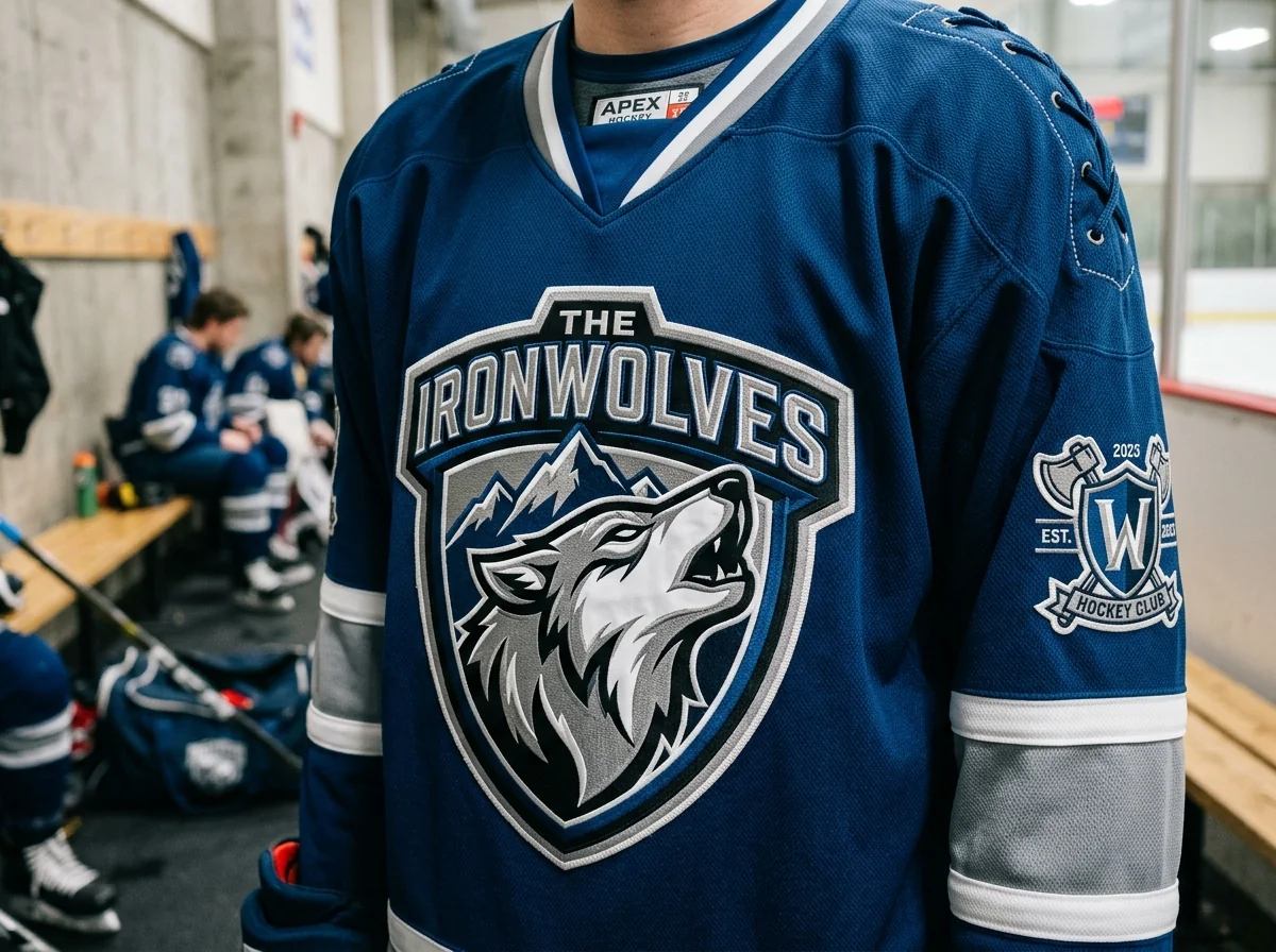 Close-up of a stitched team crest on the chest of a custom hockey jersey with a secondary logo patch on the shoulder.