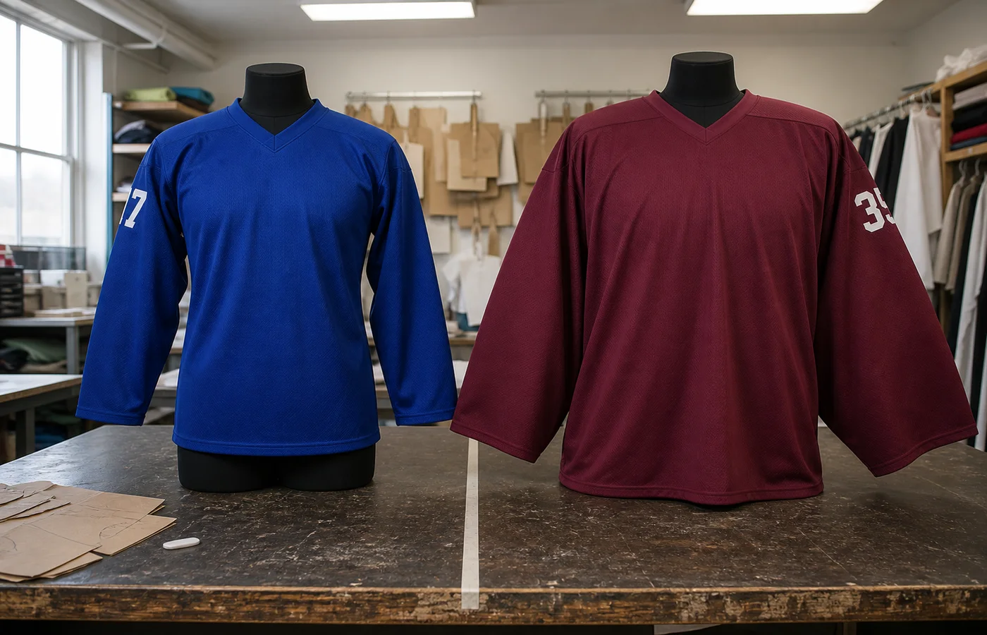 Royal blue player-cut jersey torso and maroon goalie-cut jersey torso side by side, each with a small invented two-digit number, comparing silhouette and drape.