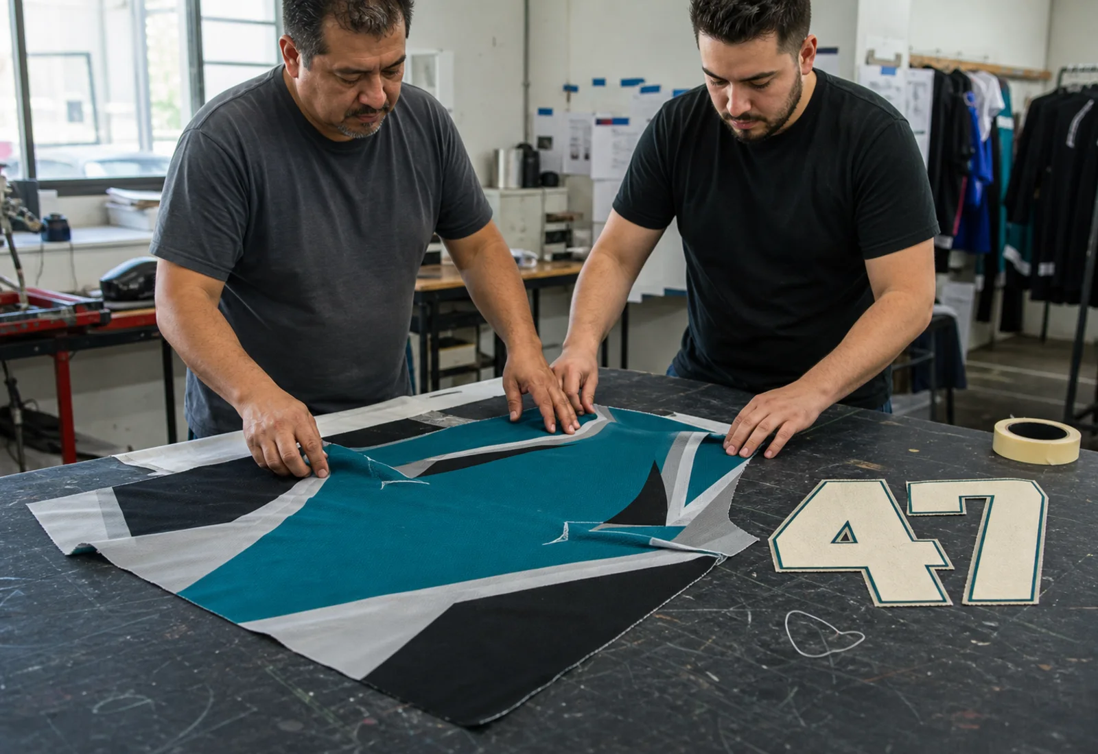 A factory worker with visible face positioning a teal, black, and silver sublimated jersey panel next to a tackle-twill number piece on a textured work table.