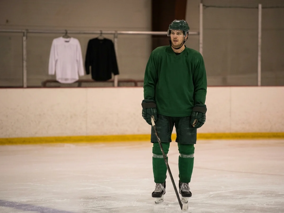 Illustrative image of a player on the ice in a plain solid green hockey jersey with no print, with blank white and black jerseys hanging on a rail behind.
