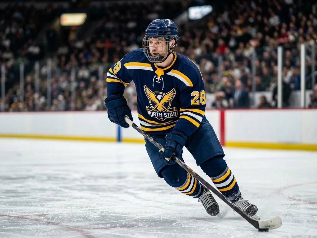 Skater in a navy and gold custom game hockey jersey with a stitched team crest and sleeve numbers during a game.