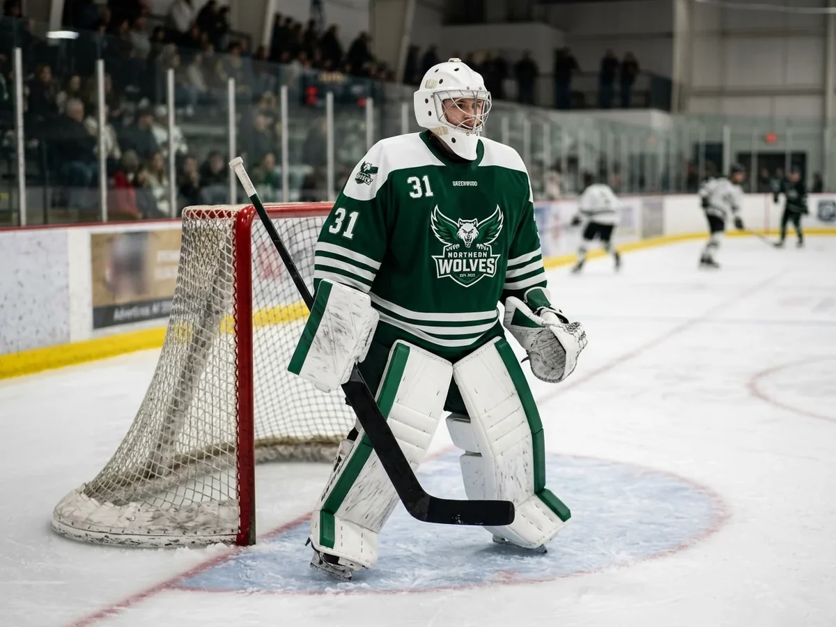 Goaltender in the crease wearing a roomier green and white custom goalie hockey jersey over chest and arm pads.