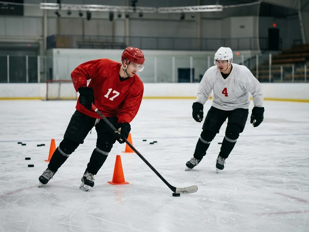 Two players in solid red and white mesh practice hockey jerseys running a drill on an empty rink.