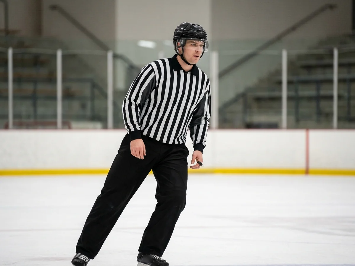 Illustrative image of a hockey referee skating in a black and white vertical striped jersey with a black collar and cuffs, black helmet and black trousers.
