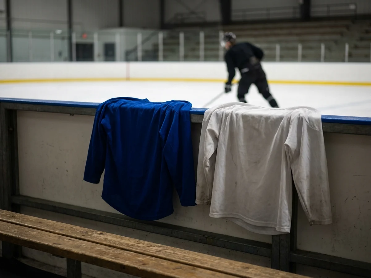 Illustrative image of two plain hockey jerseys of the same cut draped over the rink boards, one royal blue and one white, with a skater in the background.