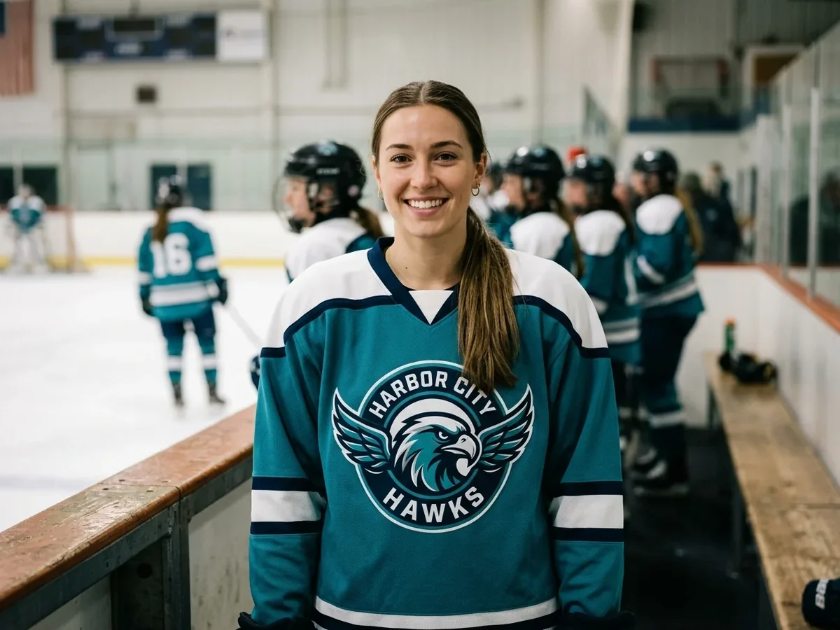 Women's hockey player at the bench in a teal and white custom jersey with a team crest.