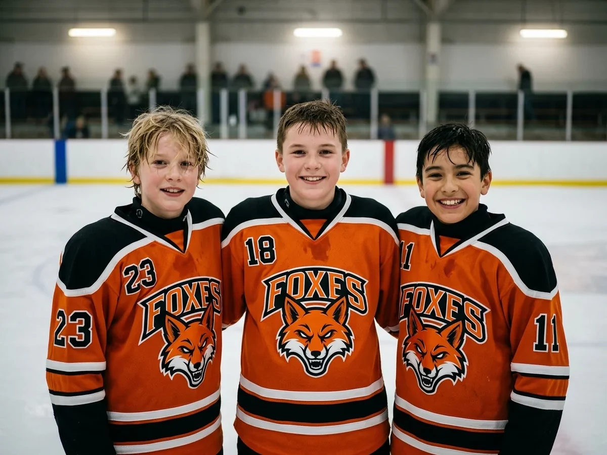 Three youth hockey players in matching orange and black custom jerseys standing together on the ice.