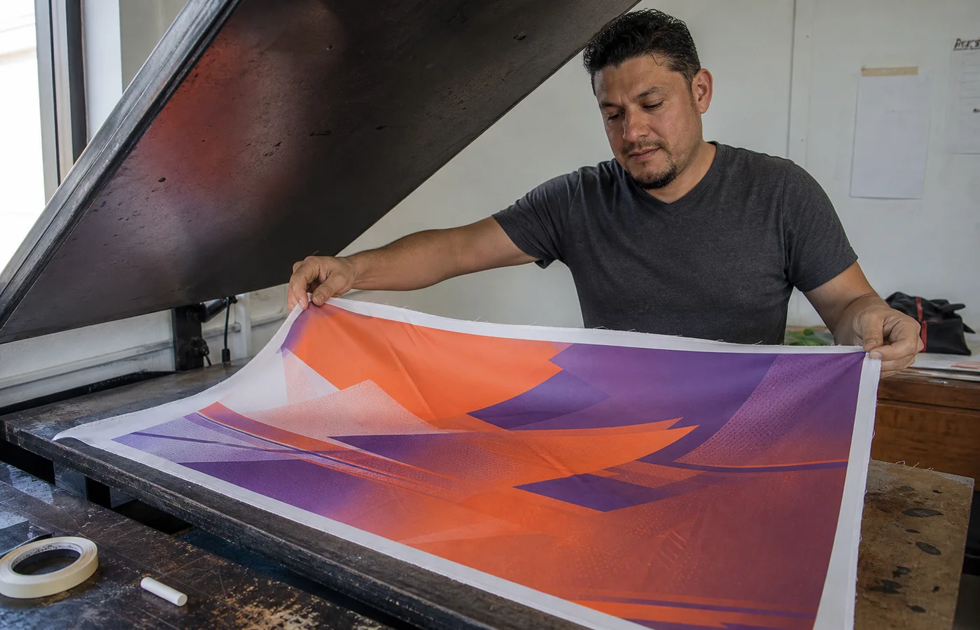 A factory worker with visible face lifting an orange-and-purple sublimation-printed polyester fabric sheet off a heat press, emerging fictional design pattern, no jersey shape yet.