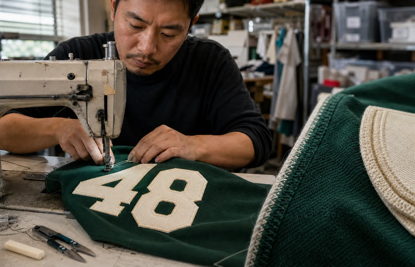 A factory worker with visible face guiding a cream tackle-twill number patch under a sewing-machine needle onto a forest green jersey sleeve, with a close-up of raised embroidery texture.