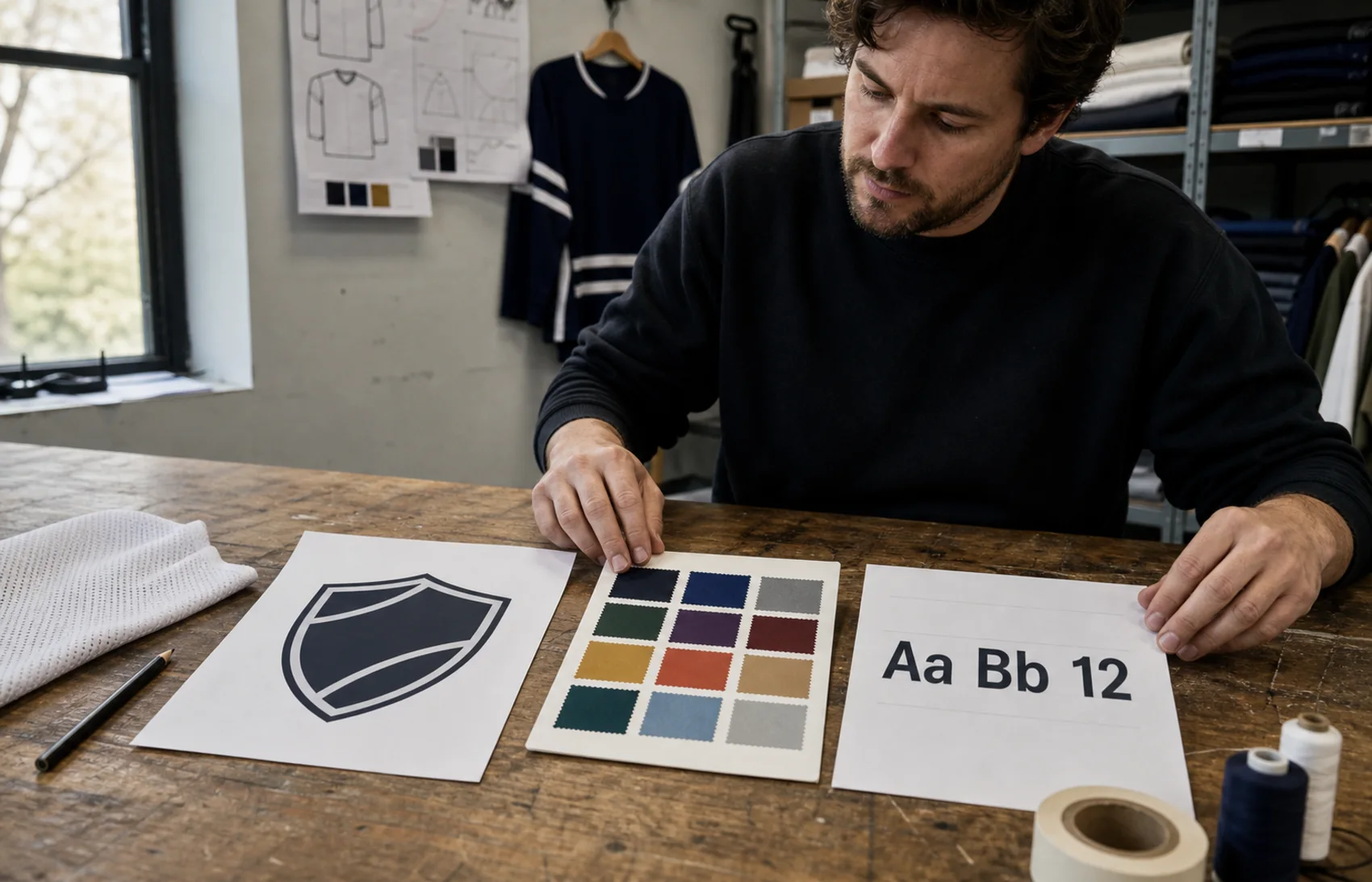 An in-house designer with visible face placing a vector artwork proof beside a multi-color swatch card and font specimen sheet on a real work surface.